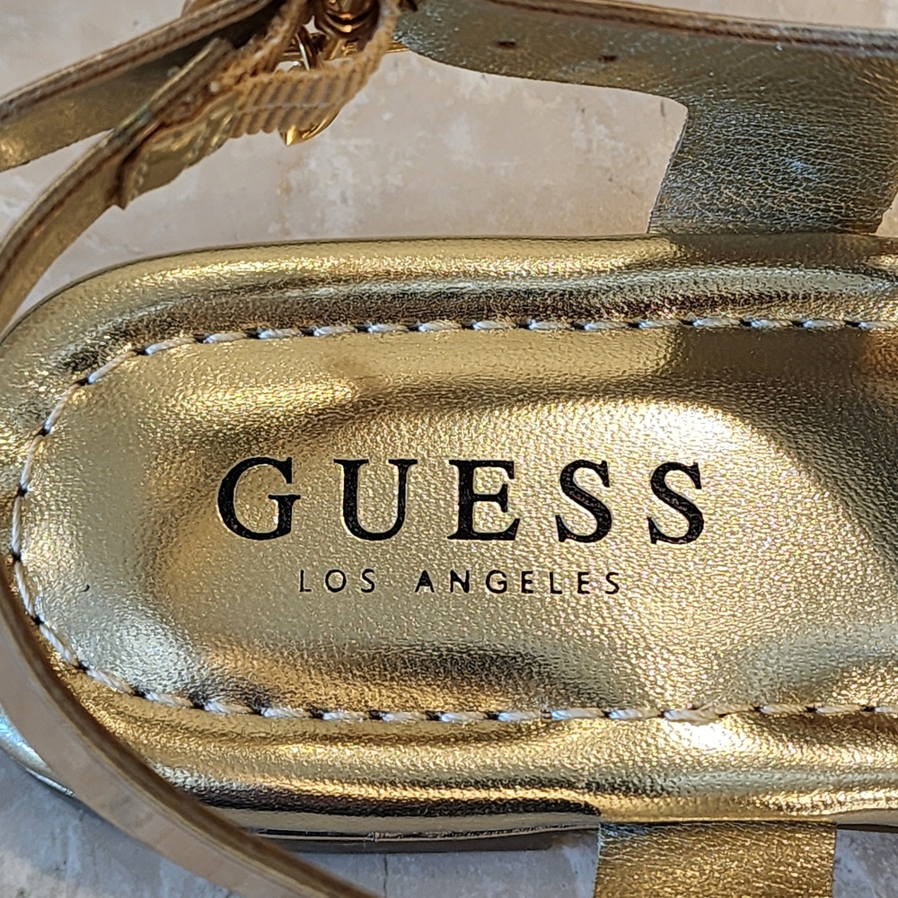 Guess Dorrys Gold T-Strap Women's Charm Logo Ankle Strap Sandals Size 6 - Picture 11 of 12